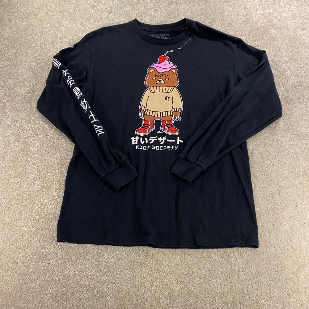 Riot Society Long Sleeve T-Shirt Mens Medium Black Bear Cupcake Japanese Graphic